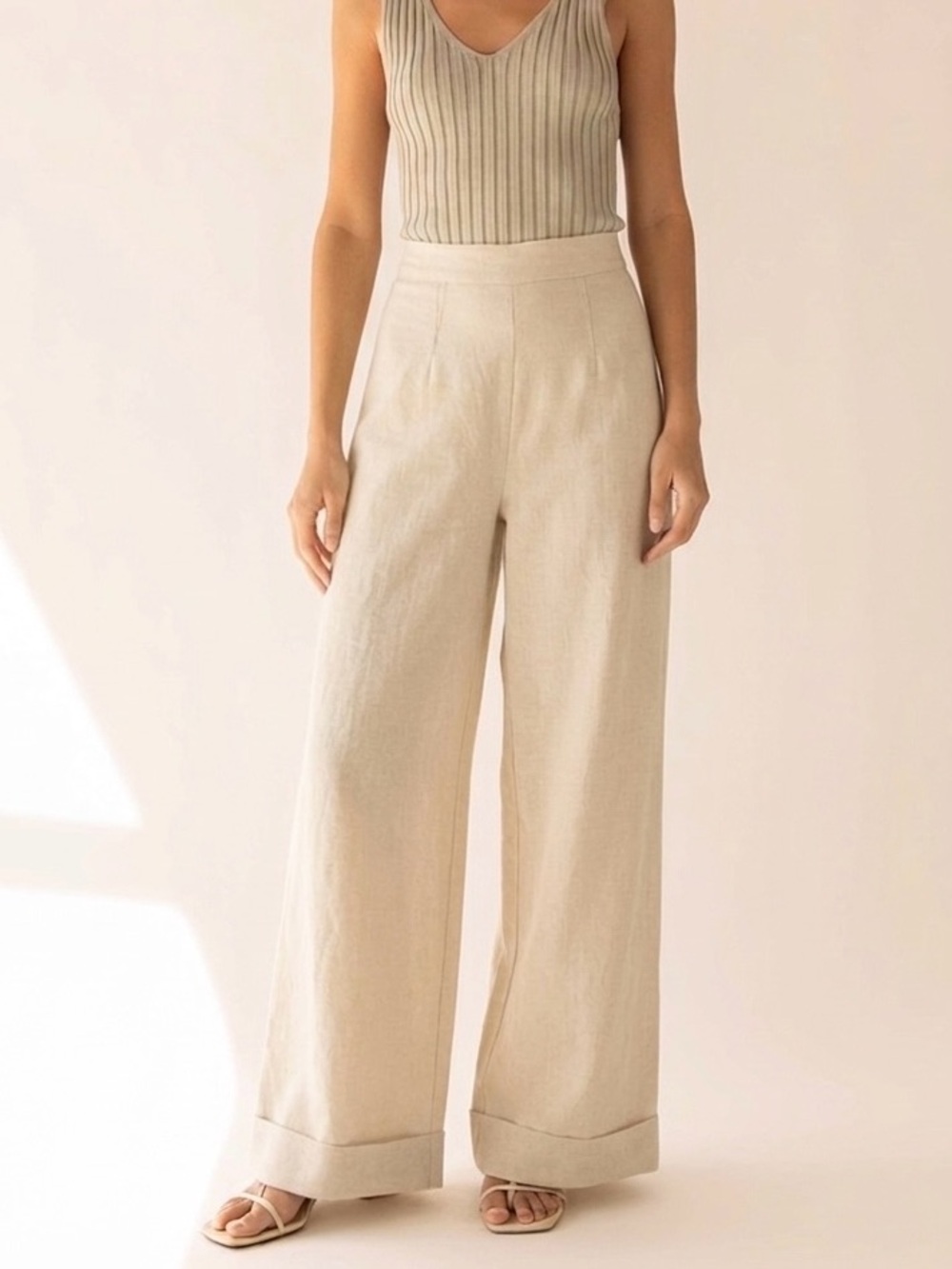 Oak + Fort Wide Leg Cuffed Trouser Pants Size 8 Cream - Picture 7 of 7